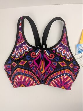 Athleta Rapanui Bikini Top/Sports Bra Pink/Orange/Coal Gray Geometric, Sz. Small